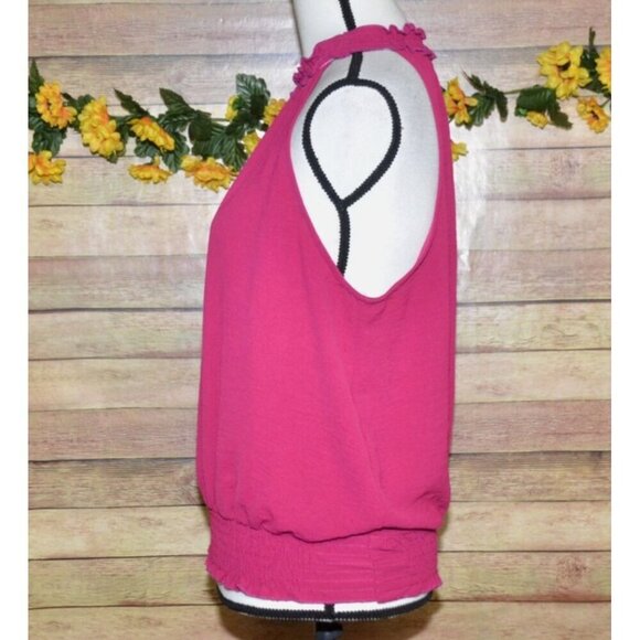 Gilli Magenta Pink Sleeveless Top Size L Ruffle Mock Neck Elastic Stretch Waist - Picture 5 of 9
